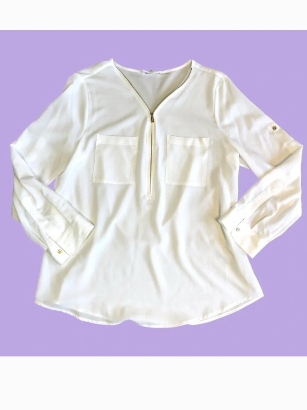 Calvin Klein white quarter zip sheer pocket blouse XL